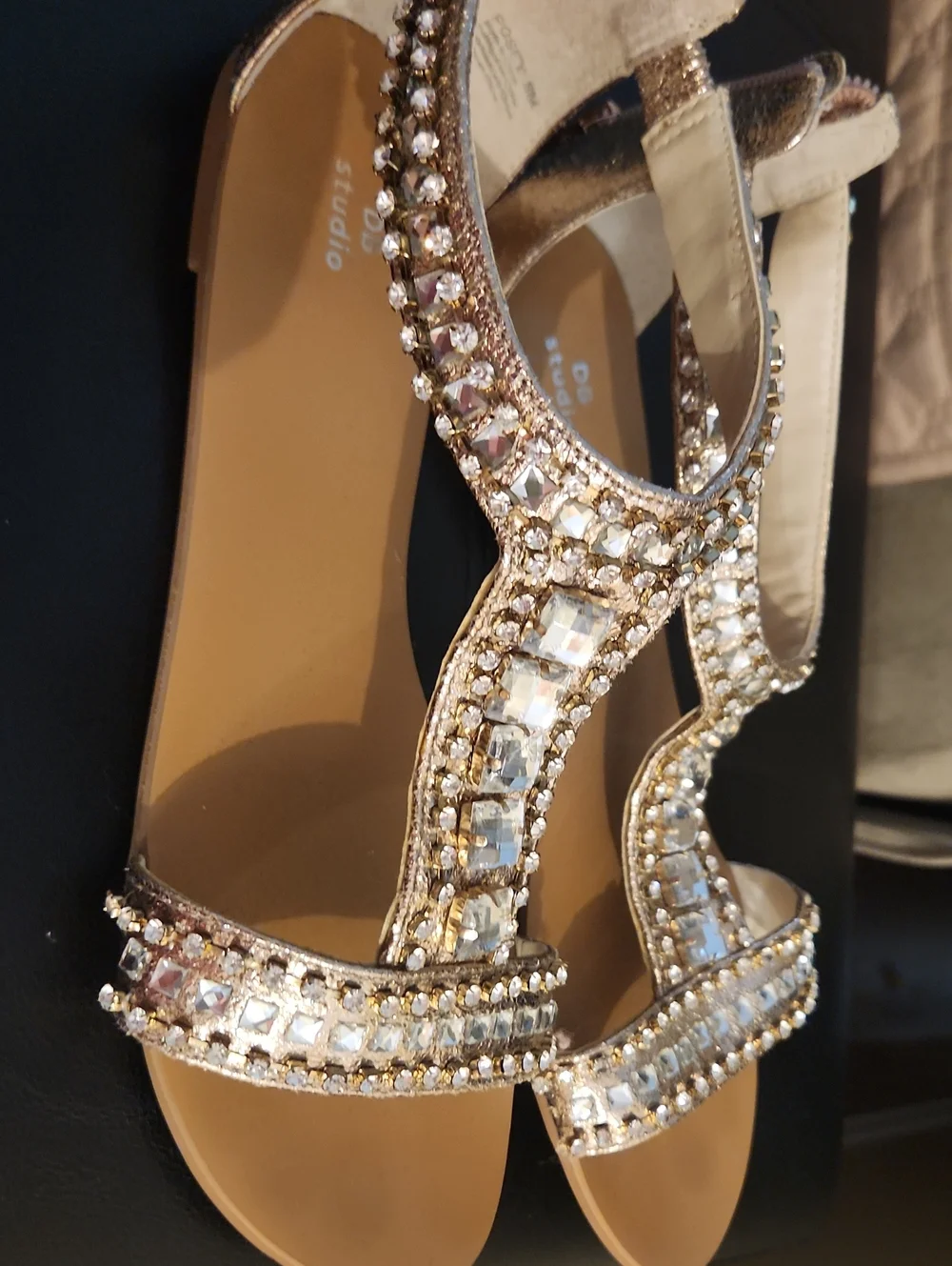 Women's Gold Jeweled T-Strap Sandals